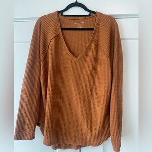 American Eagle Soft & Sexy Plush Waffle Knit Top XL Rust Long Sleeve V-Neck